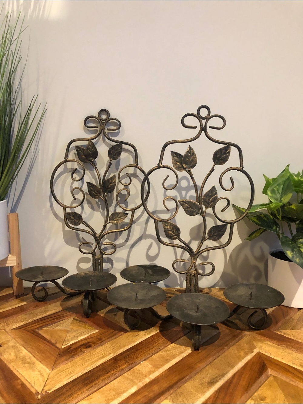 Metal Leaf Wall Candle Sconces in Aged Bronze